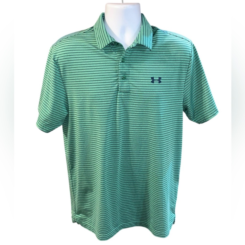 Under Armour Loose Heat Gear Green with Blue Stripes Polo - Size M